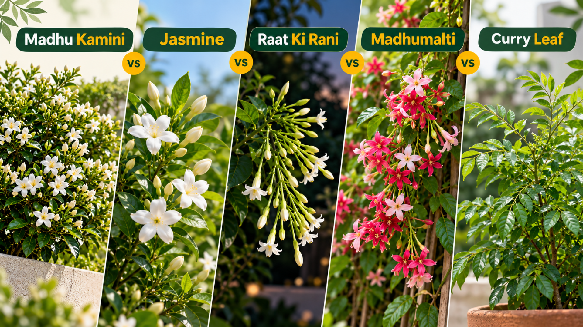 Comparison between Madhu Kamini, Jasmine, Raat ki Rani, Madhumalti, and Curry Leaf plants